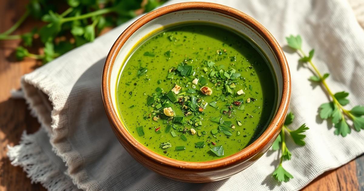 Vibrant green herb sauce in a rustic ceramic bowl with fresh parsley around it
