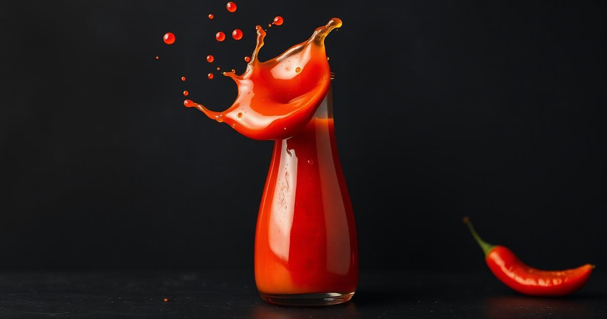 Bright red hot sauce splashing out of a glass bottle on a dark background