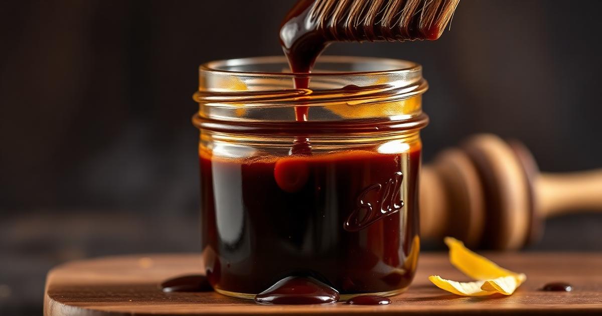 Dark glossy BBQ sauce in a mason jar with a basting brush